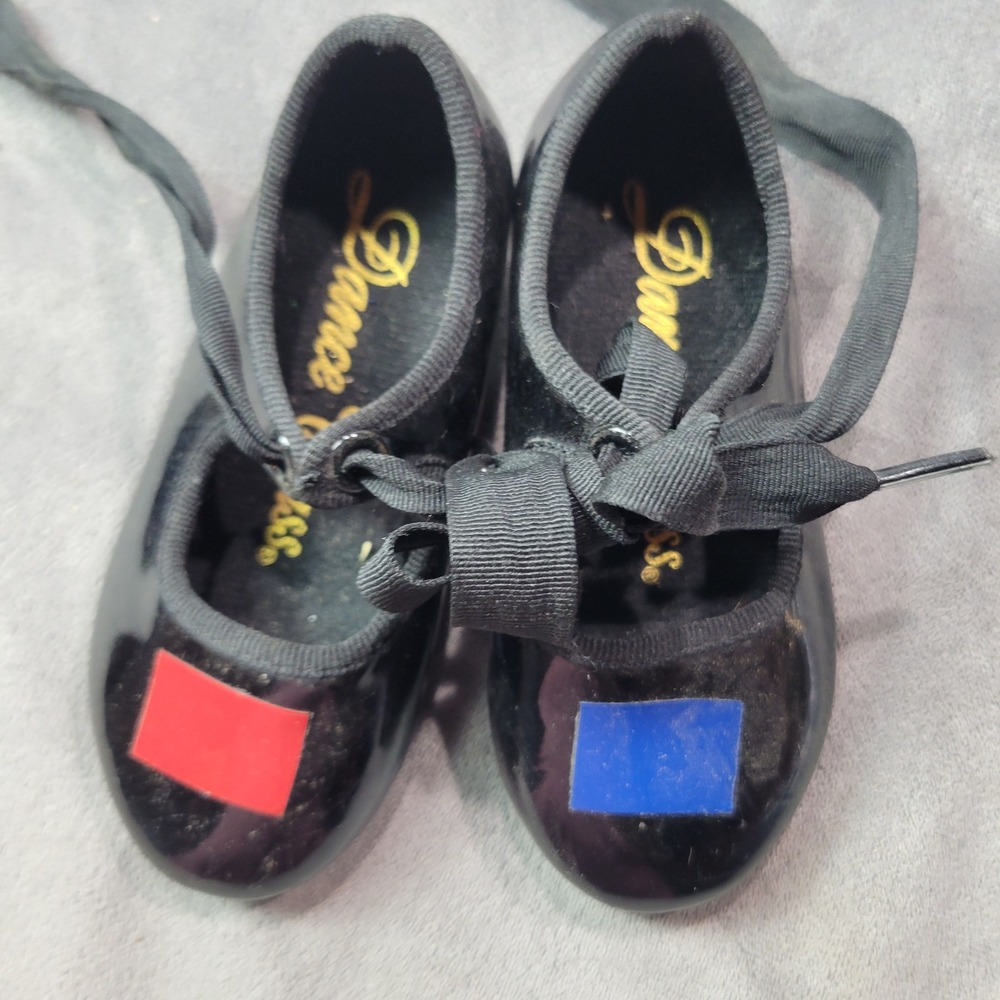 Dance Class T100 Girls Black Patent Ribbon Tie Tap Shoes‎ Size 6 Toddler